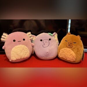 Squishmallows 7.5” Monica the Axolotl, Anjali the Elephant, Lijjian The Capybara